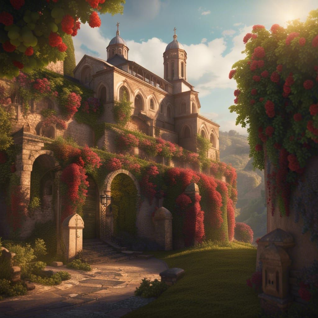 Picturesque Monastery Surrounded by Vineyards, Matte Paintin...