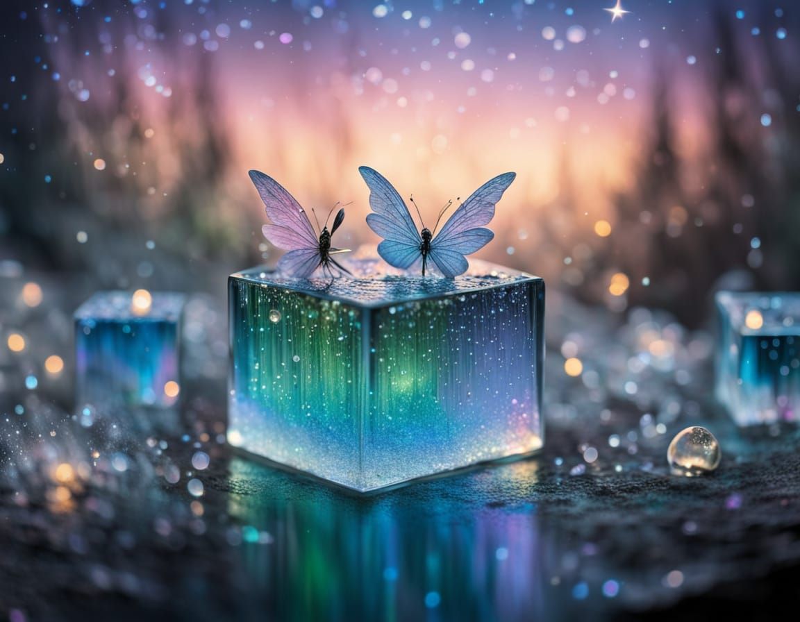 Elegant Iridescent Fairy Realms Within Glass Cubes