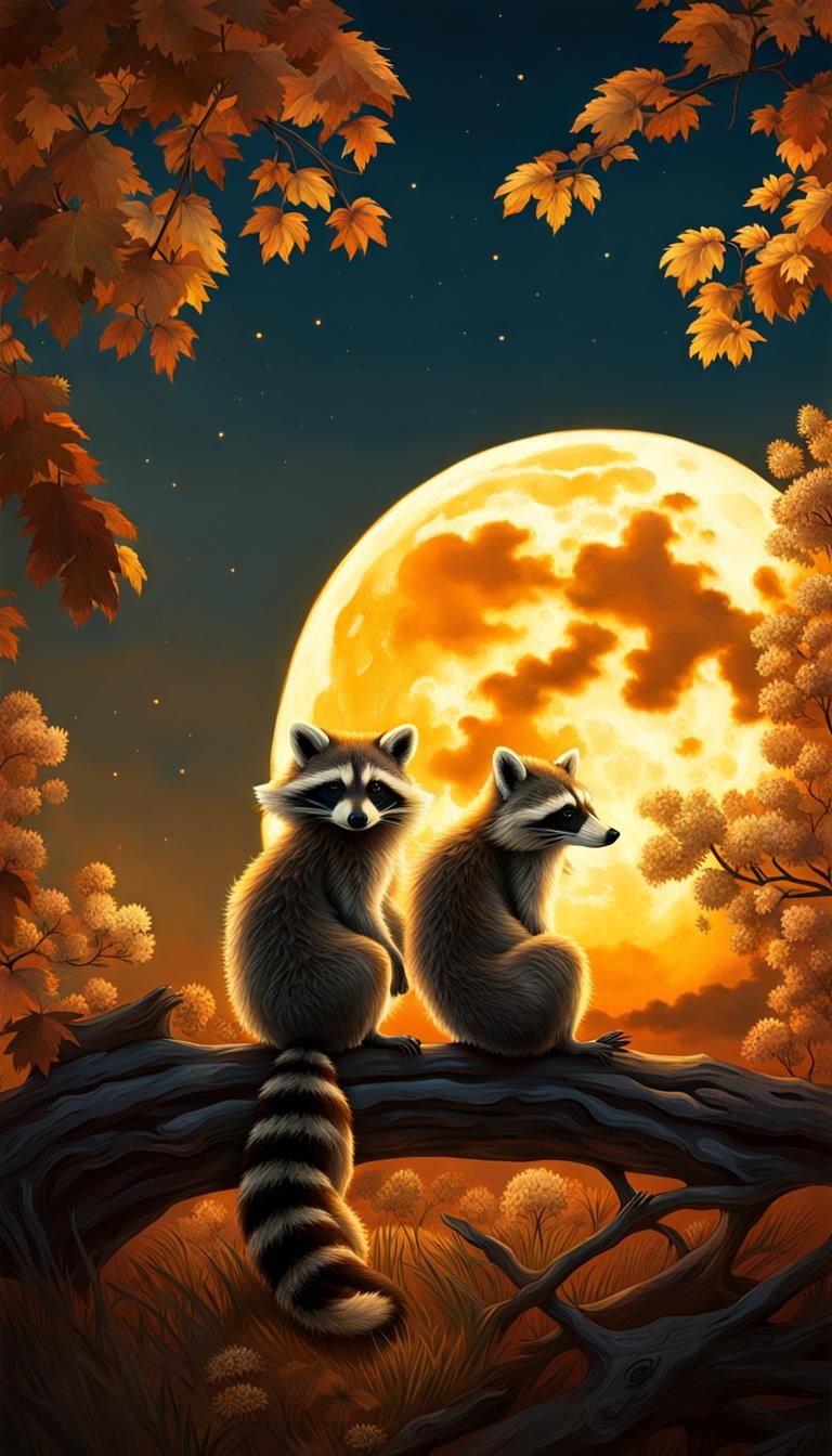 Romantic Raccoons Under Harvest Moon: 1900s Photo