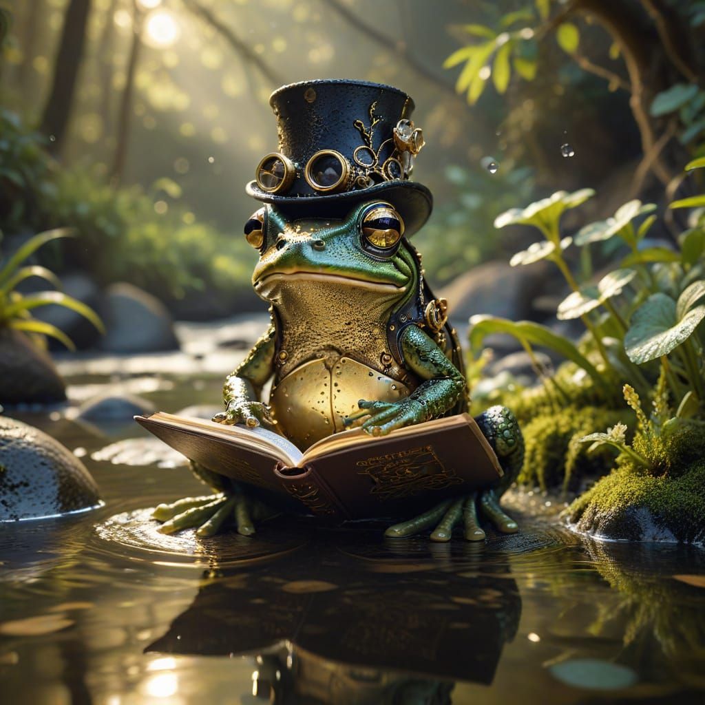 Steampunk Frog in Whimsical Streamside Setting