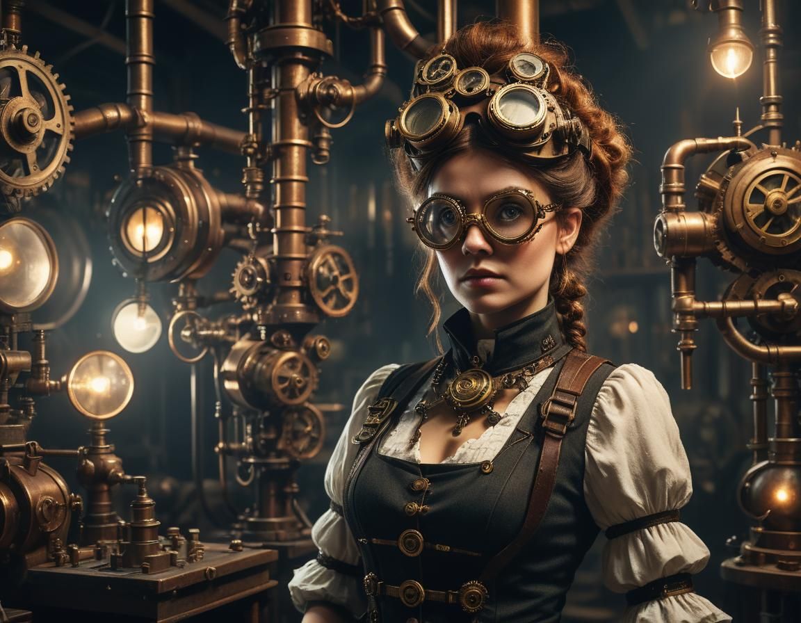 Steampunk Woman in Dimly Lit Laboratory Portrait