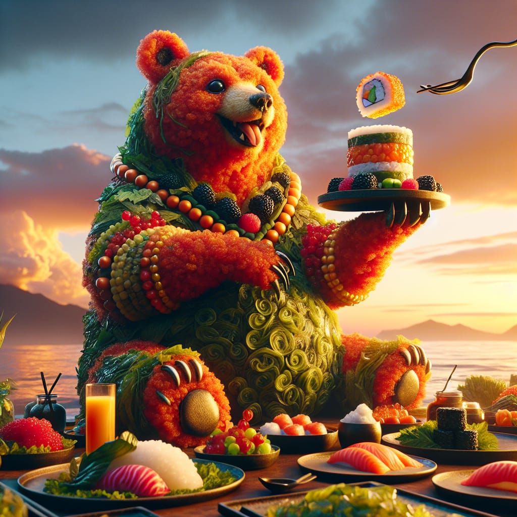 Sushi Bear Holding Vegetables at Sunset
