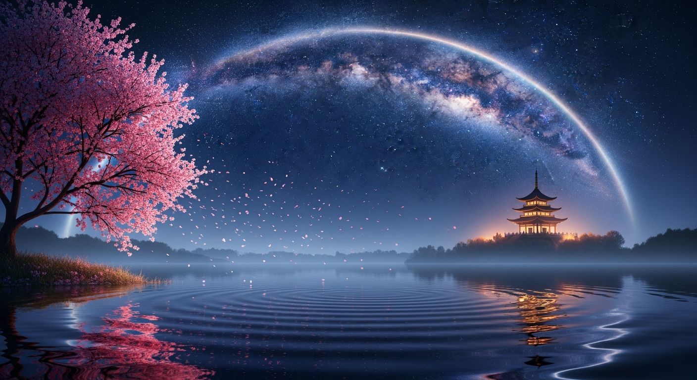 Oriental Pagoda by Starry Lake with Milky Way