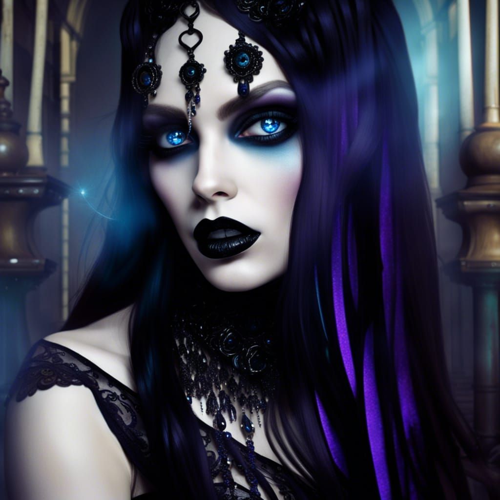 Uncanny ethereal Gothic Wiccan priestess with long flowing black hair& Beautiful crystal blue eyes& wearing smoky black ...