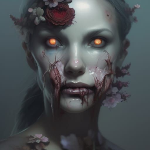 Zombie Girl with Floral Decay, Hyperdetailed Concept Art