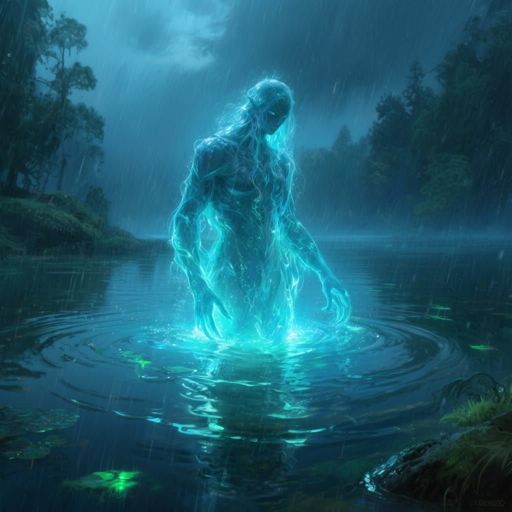 Mystical Water Spirit Emerges from Rain-Swept Lake