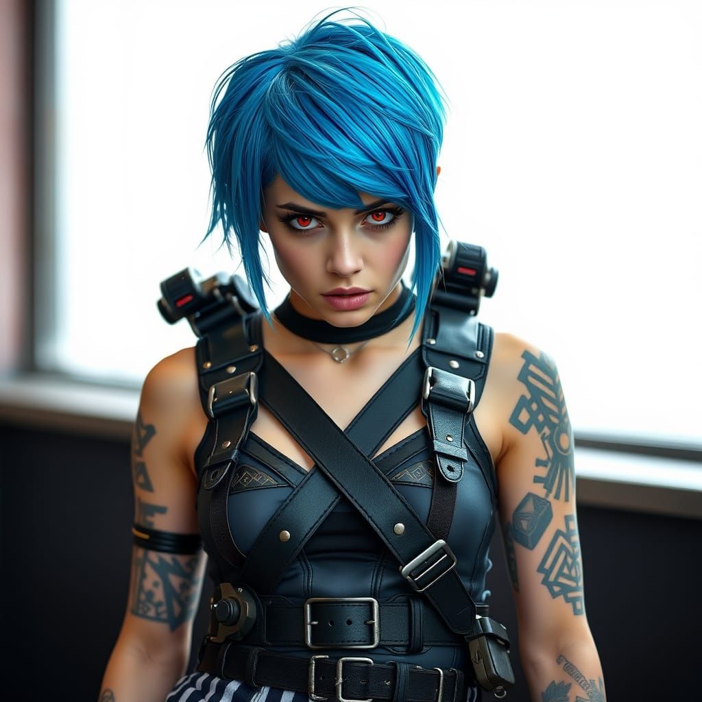 Cyberpunk Goddess with Electric Blue Hair and Neon Accents