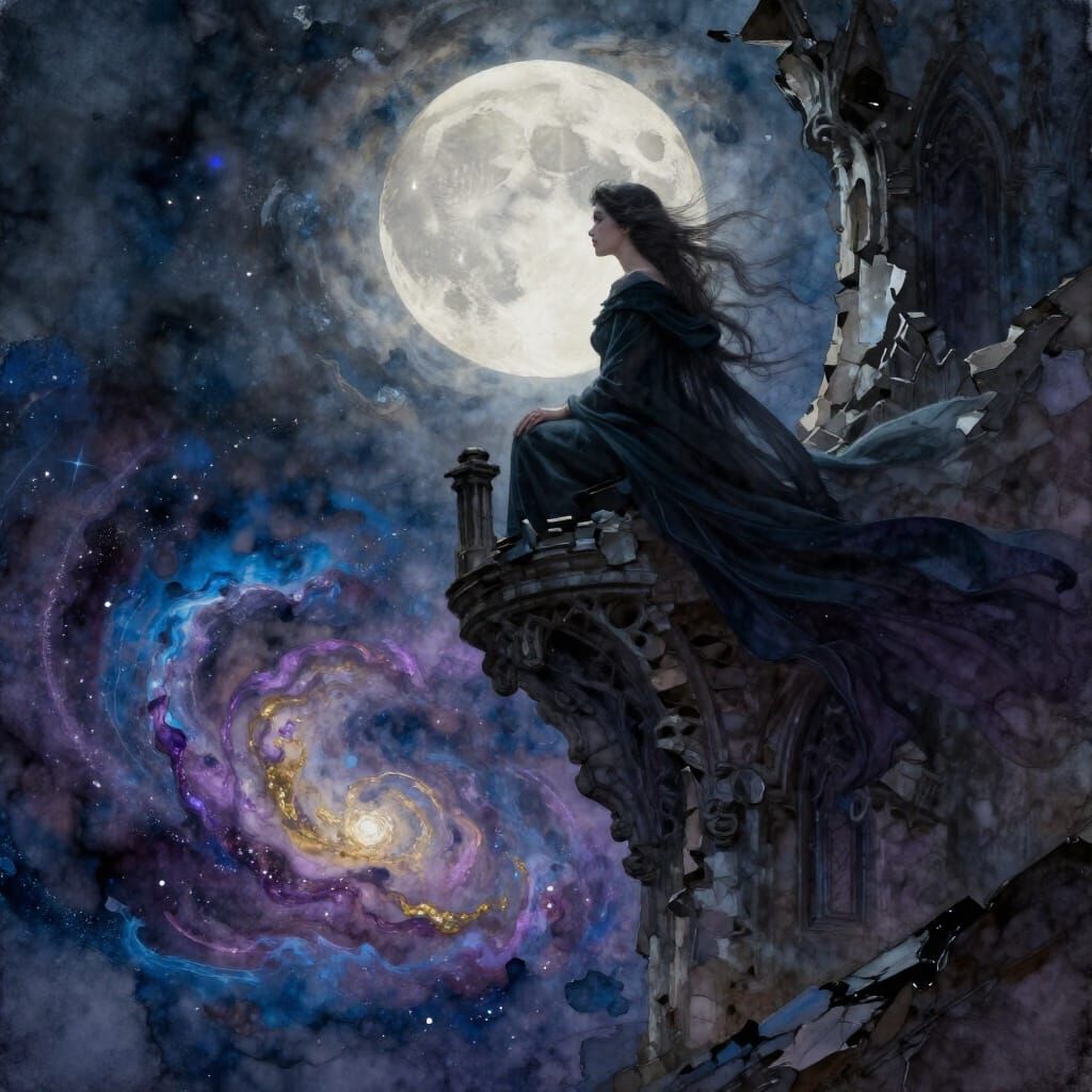 Gothic Tower Woman Gazing at Cosmic Nebula