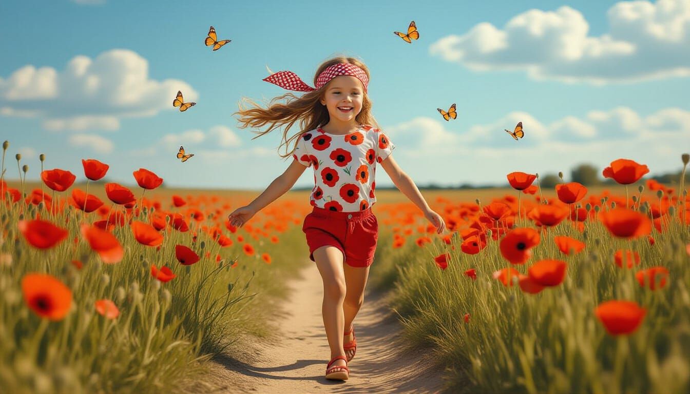 Girl Chasing Butterflies in Poppy Field, Surrealist Sunlight