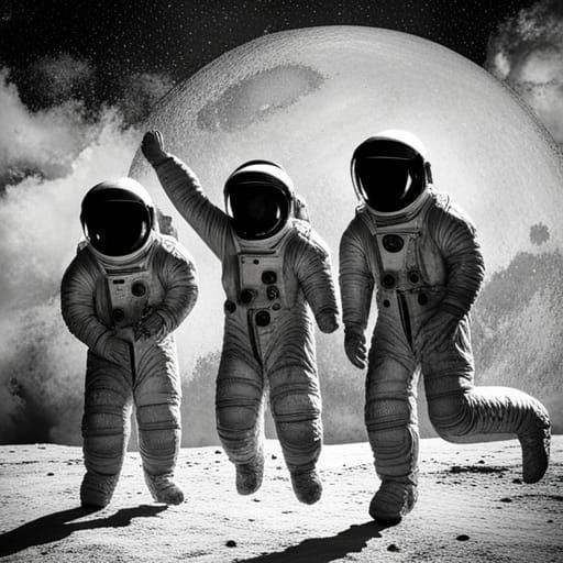 Spacemen Jumping on the Moon in Grunge Style