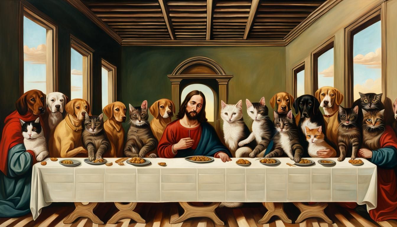 The last supper with Jesus as a dog and with cats as the 12 ...