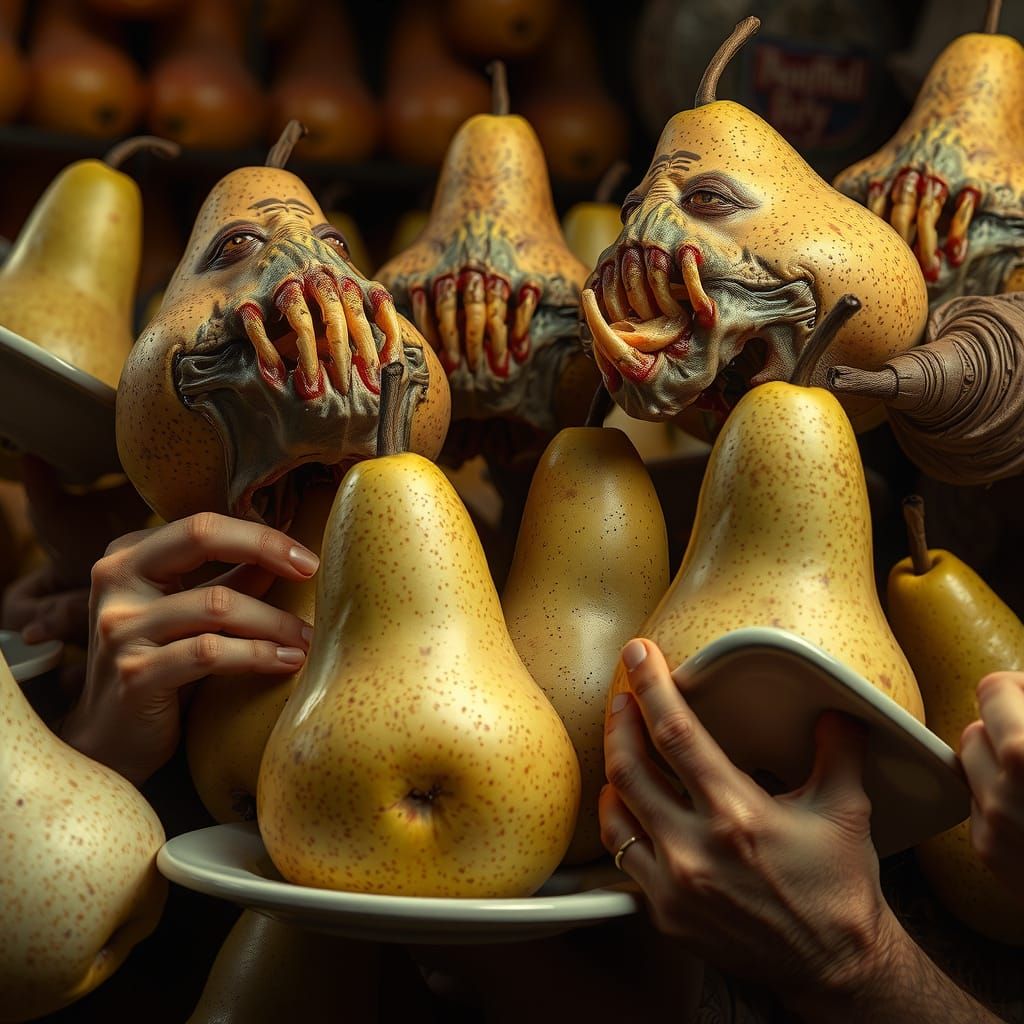 Carnivorous Pears Devouring Humans in Frenetic Scene