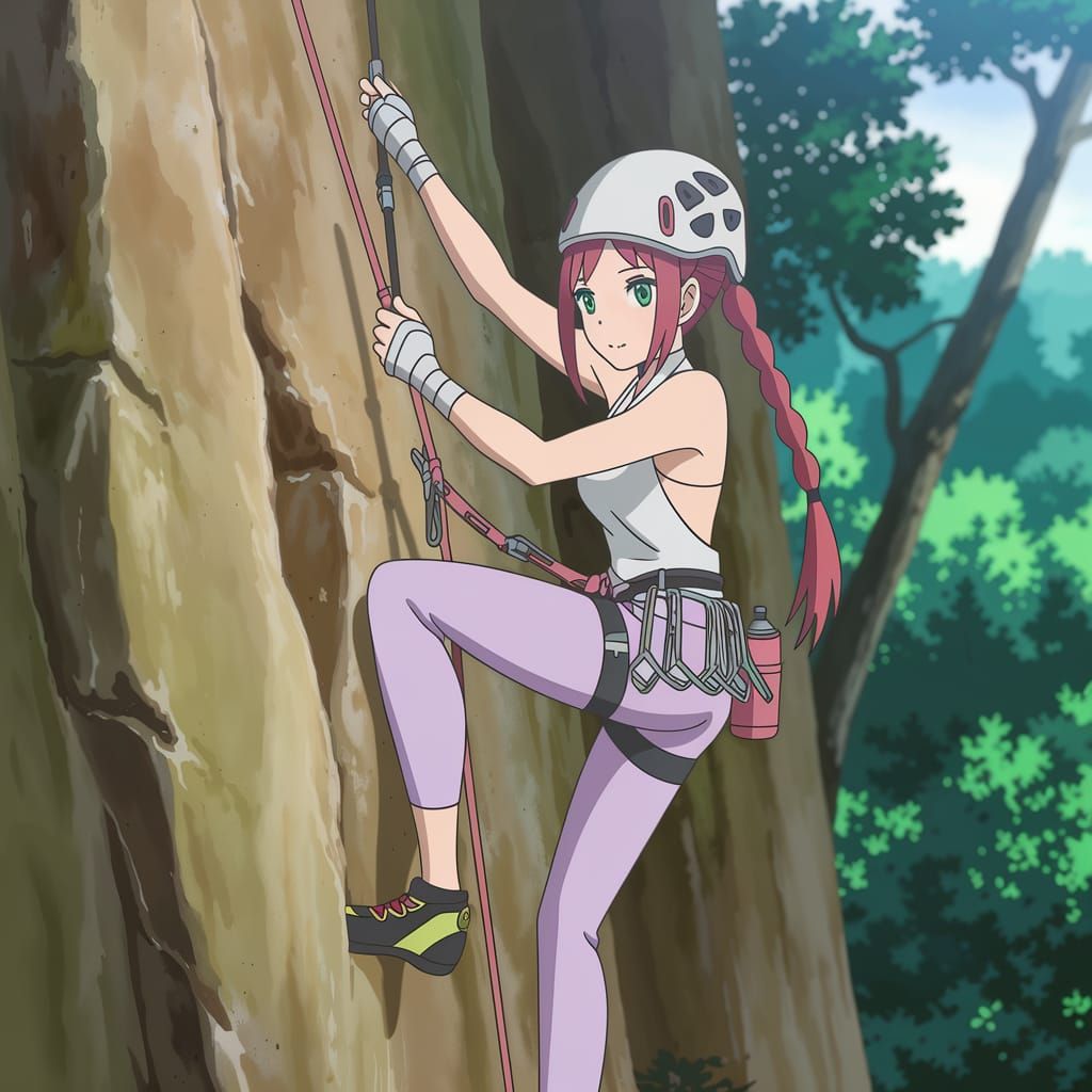 Anime Rock Climber Ascends Forest Wall