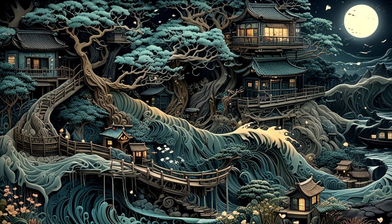 Icy Fantasy Landscape in Sumi-e Style