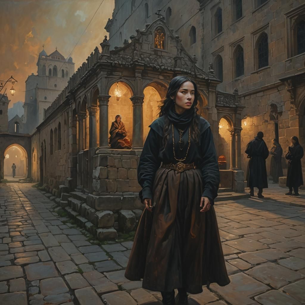 Medieval Woman in Gothic Monastery Oil Painting
