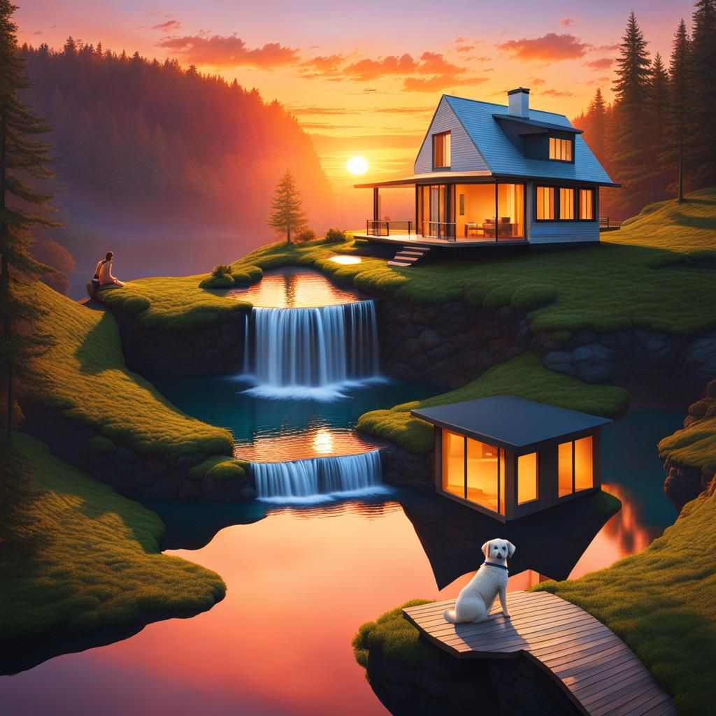Abstract House on Waterfall at Sunset