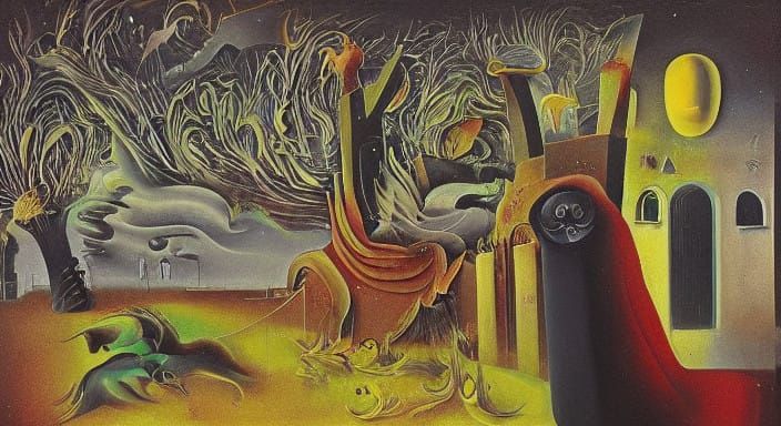 Surrealist Cityscape Unfolds in Vibrant, Melting Oil Colors