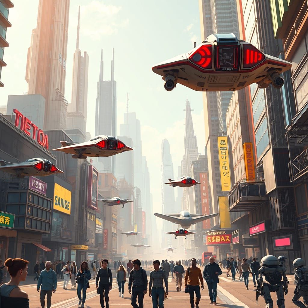 Futuristic Metropolis with Flying Cars and Humans and Robots