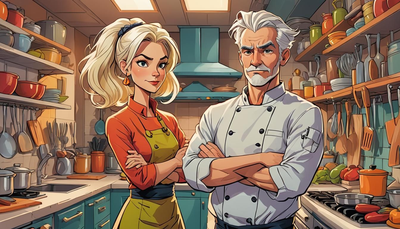 Cartoon Couple Cooks Up Chaos in a Vibrant Kitchen