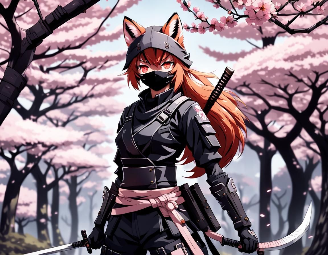 Sakura Ninja Fox with Knife and Staff in Anime Style