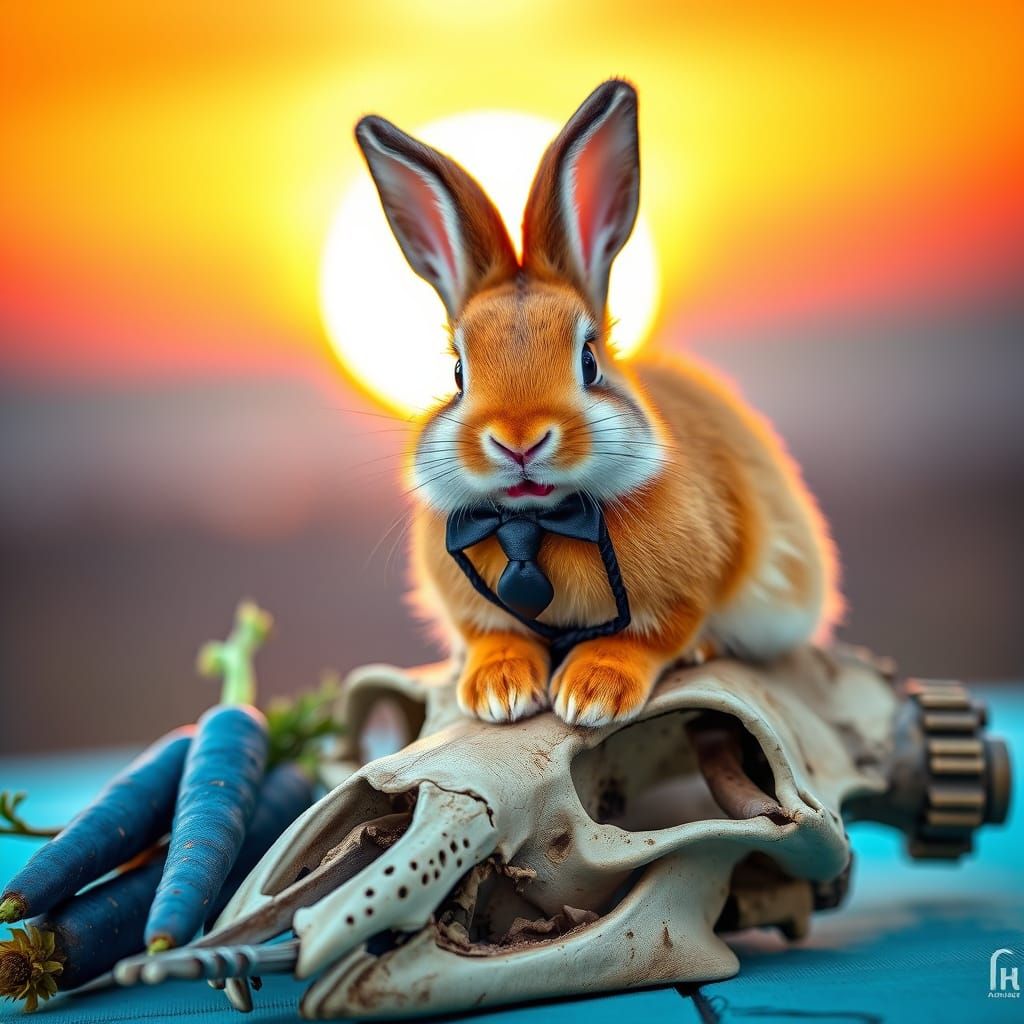 Rabbit in Elegant Suit Sits on Wolf Skull Amidst Vibrant Sun...