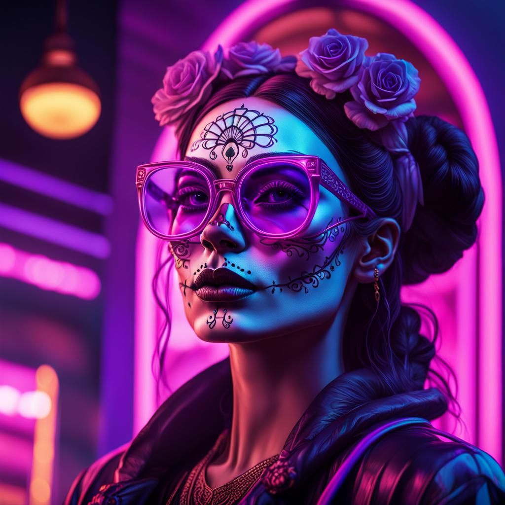 Neon Catrina Illustration in Synthwave Style