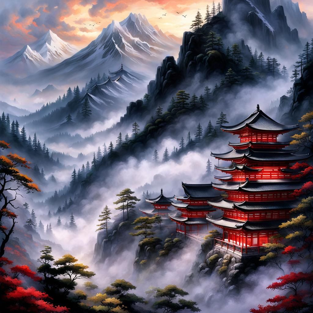 Feudal Japan Digital Art Splash in Japanese Mythology Style