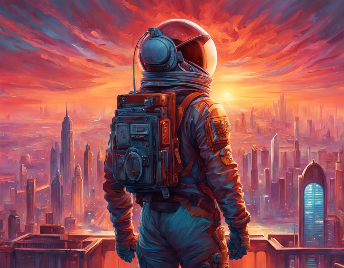 South Asian Astronaut Watches Futuristic City Sunset