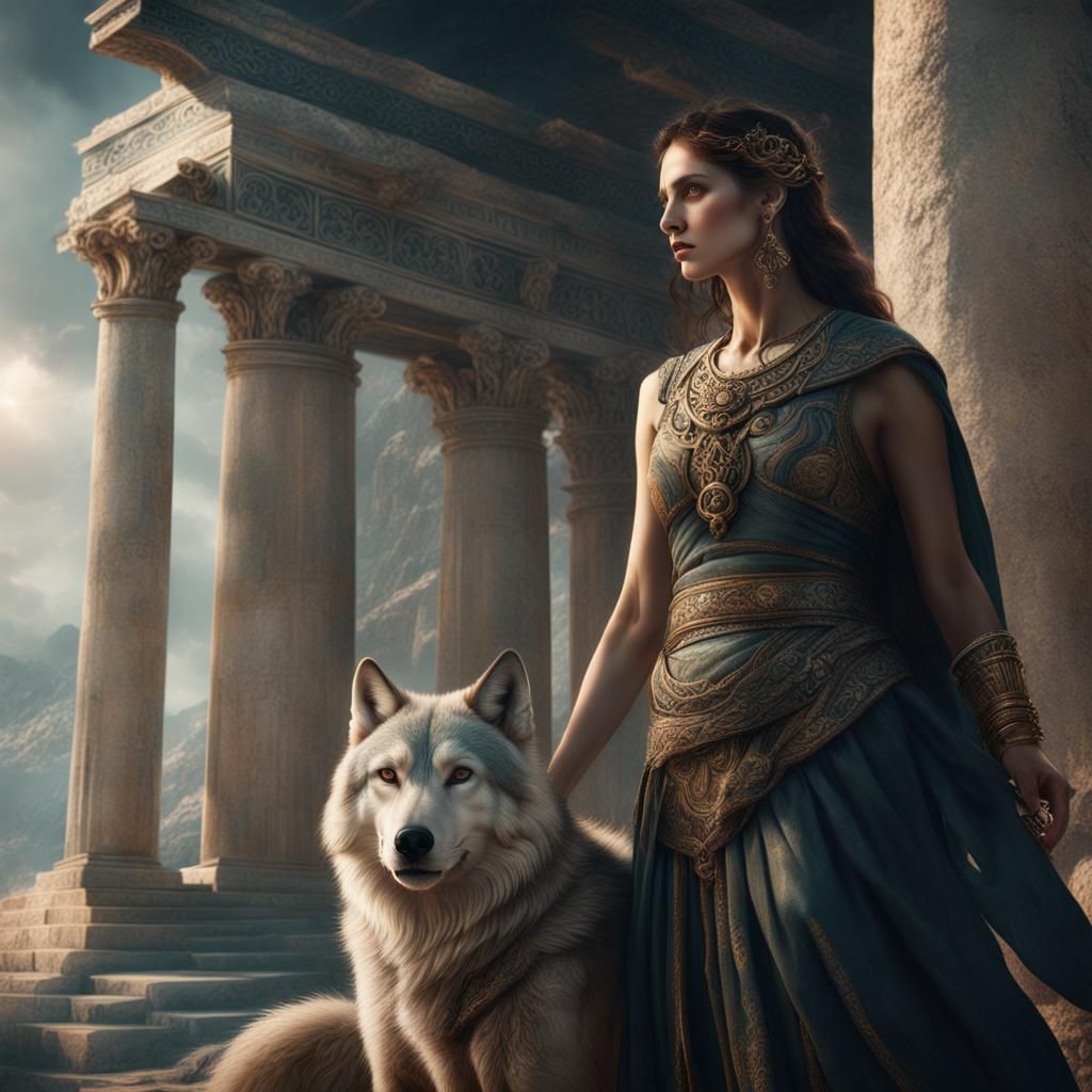 Greek Woman and Wolf: Epic Digital Painting