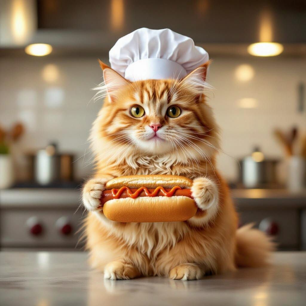 Ginger Cat Chef Holds Hot Dog in Whimsical Kitchen