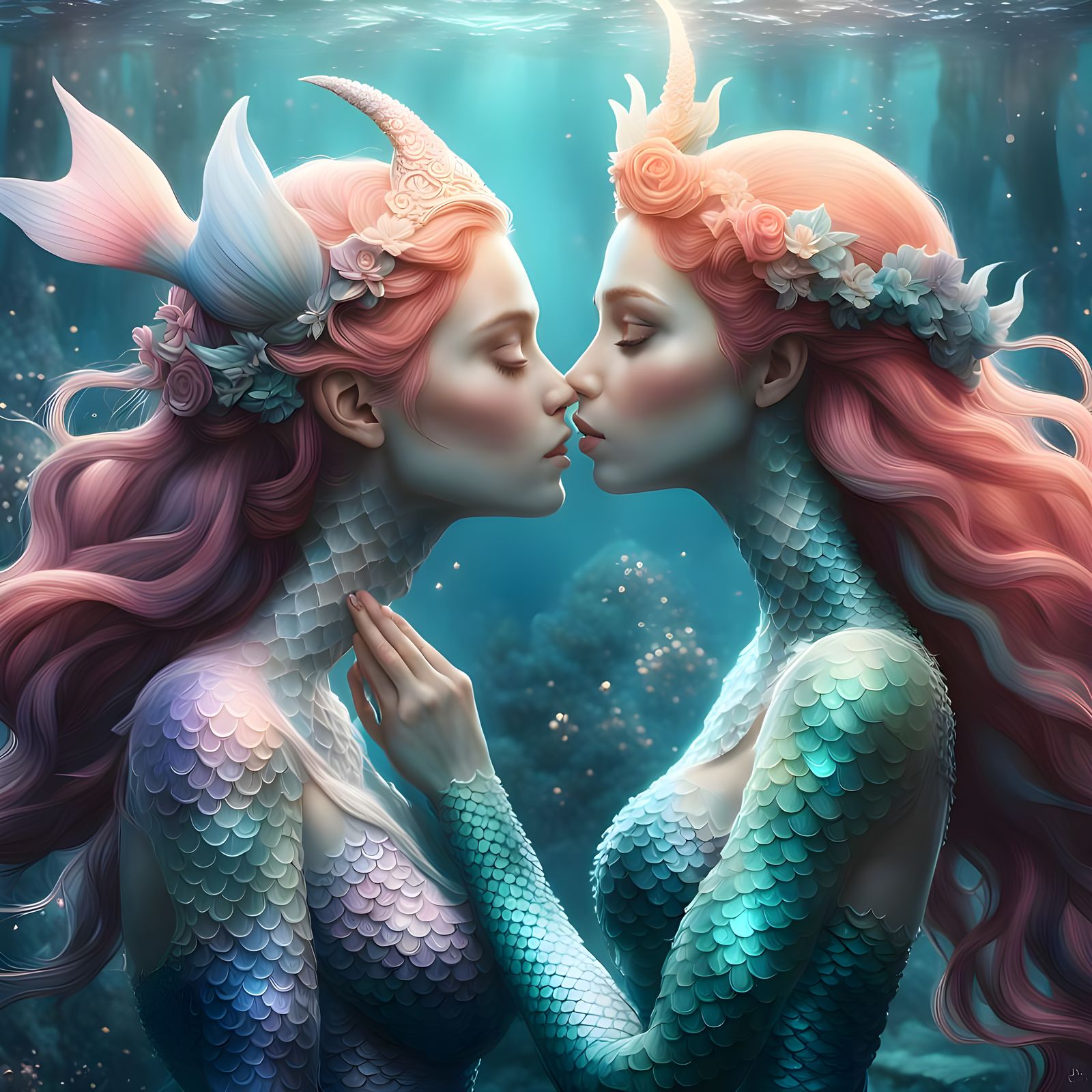 Two Mermaids Kissing in Dreamy Fantasy Art
