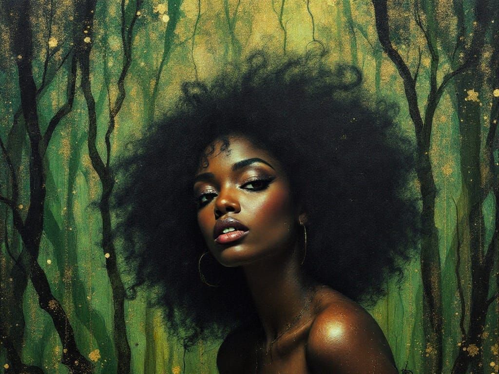 Sensual Goddess Emerging from a Glittering Green Forest