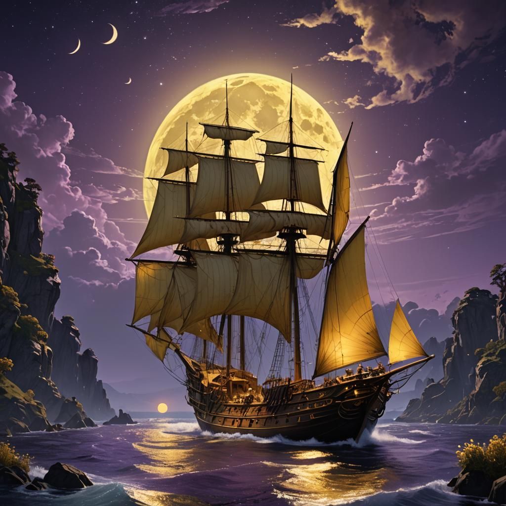 Magical Moonlight Sailing: Dark Fantasy Concept Art