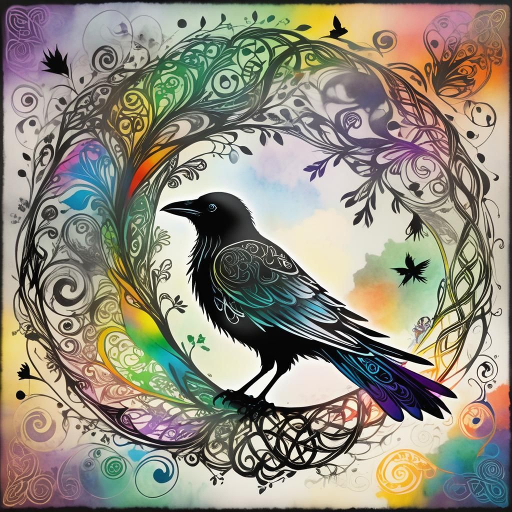Rainbow Raven in Psychedelic Celtic Knotwork