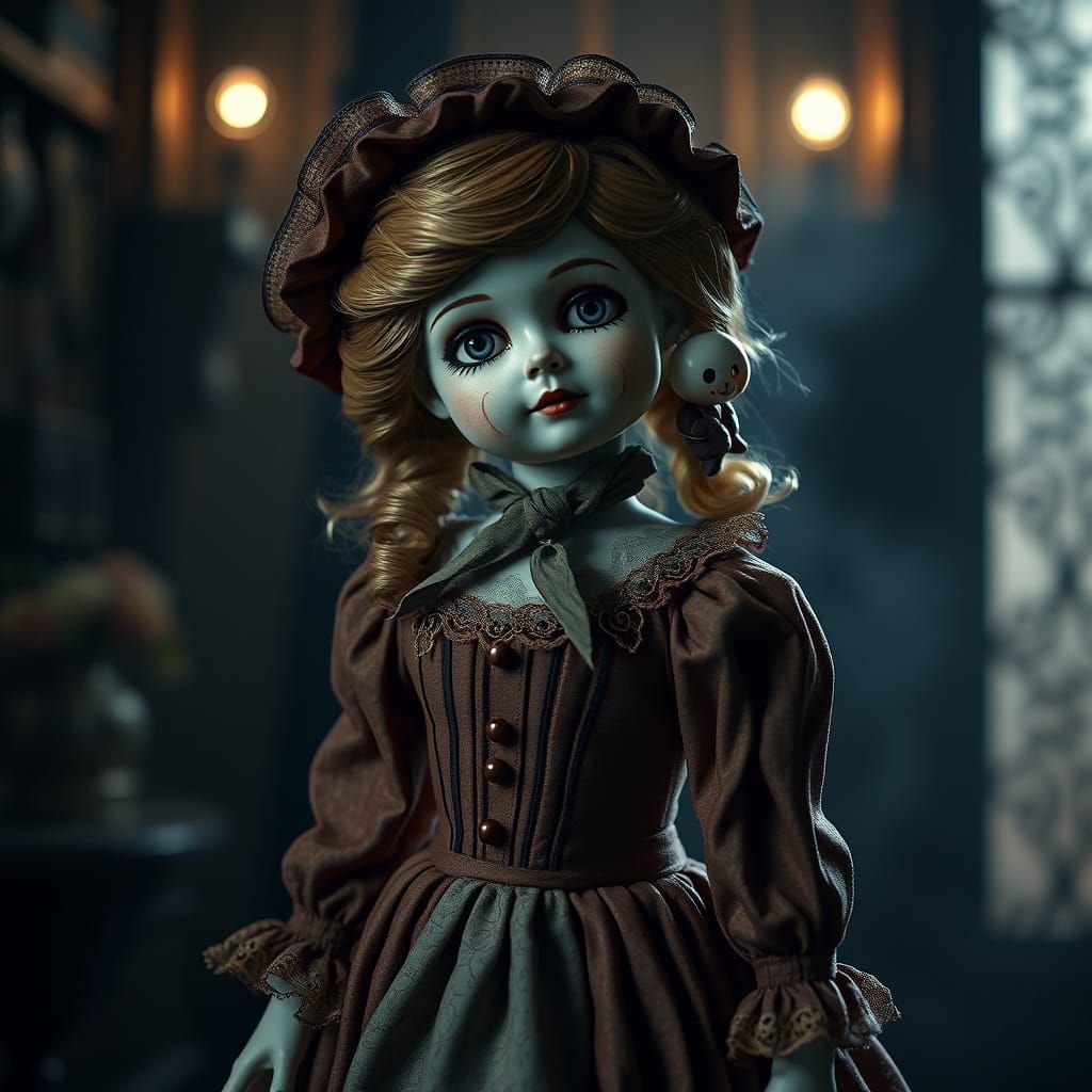 Ethereal Victorian Doll in Dimly Lit Mystical Setting