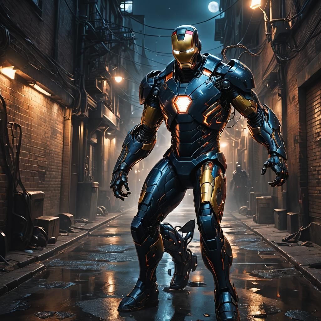 Iron Man Symbiote Armor in Dark Fantasy Alleyway