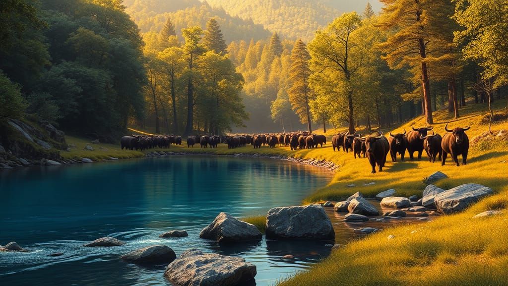 Satyr Shepherds and Aurochs in Forest Lake: Dark Fantasy Con...