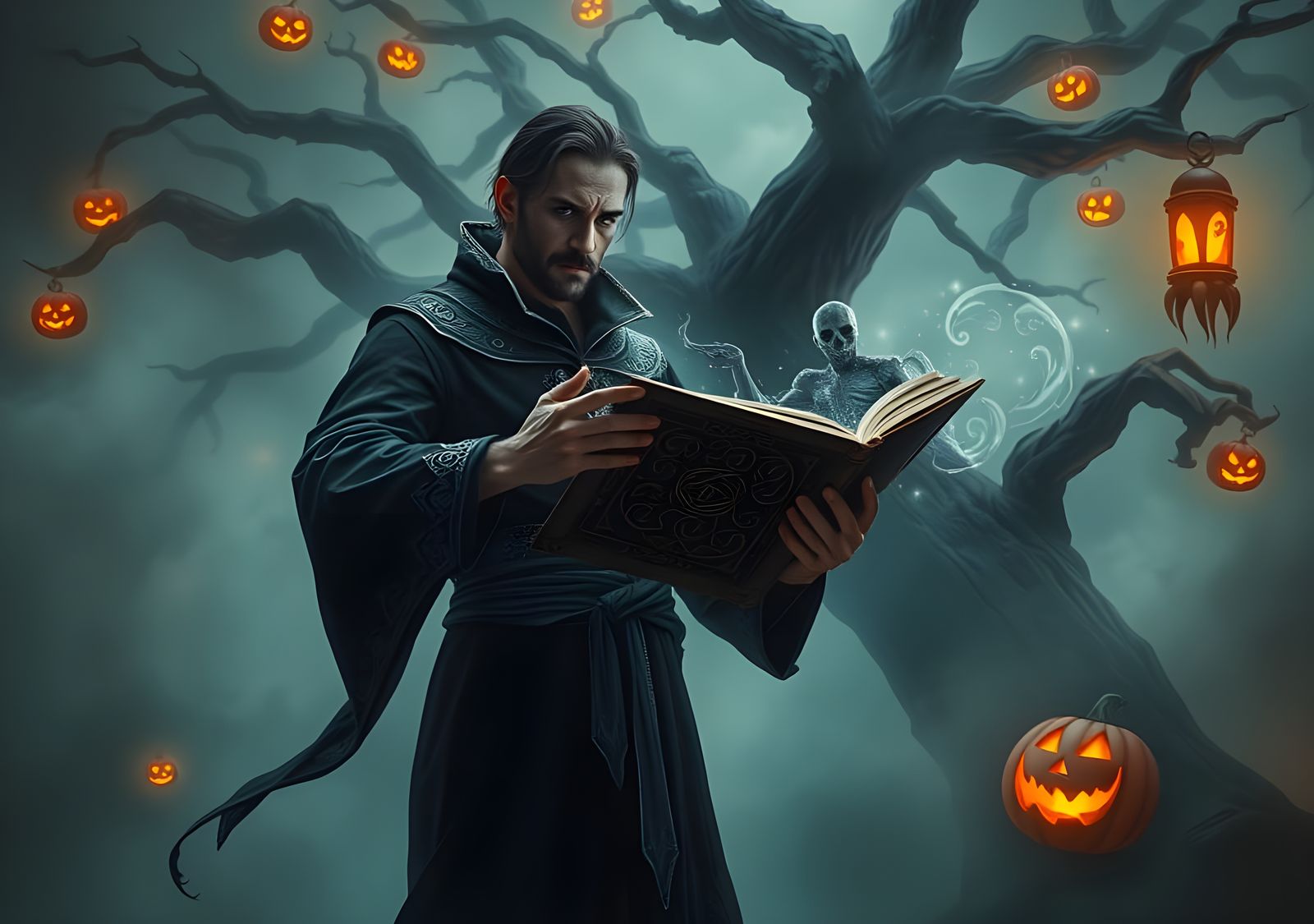 Sorcerer Casting Spell from Magical Book, Halloween