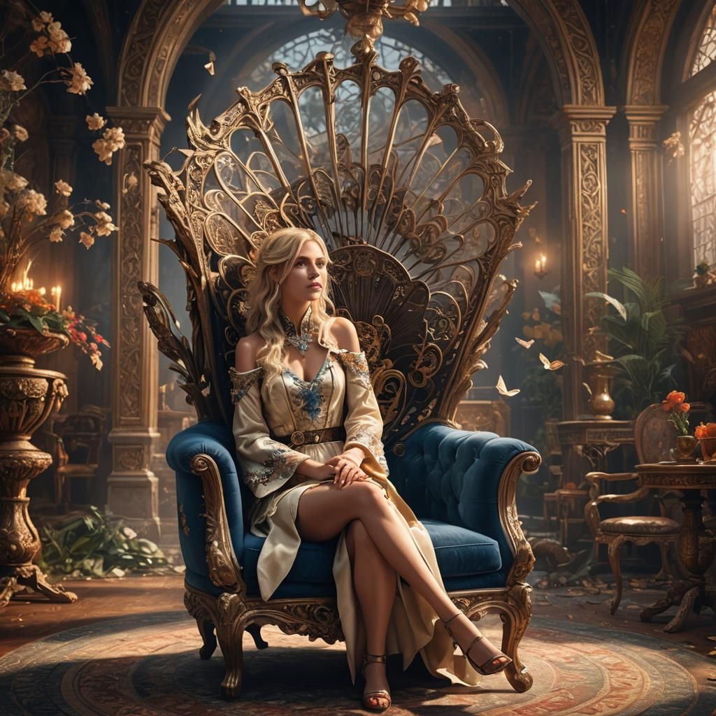 Blonde Woman on Ornate Chair: Fantasy Concept Art