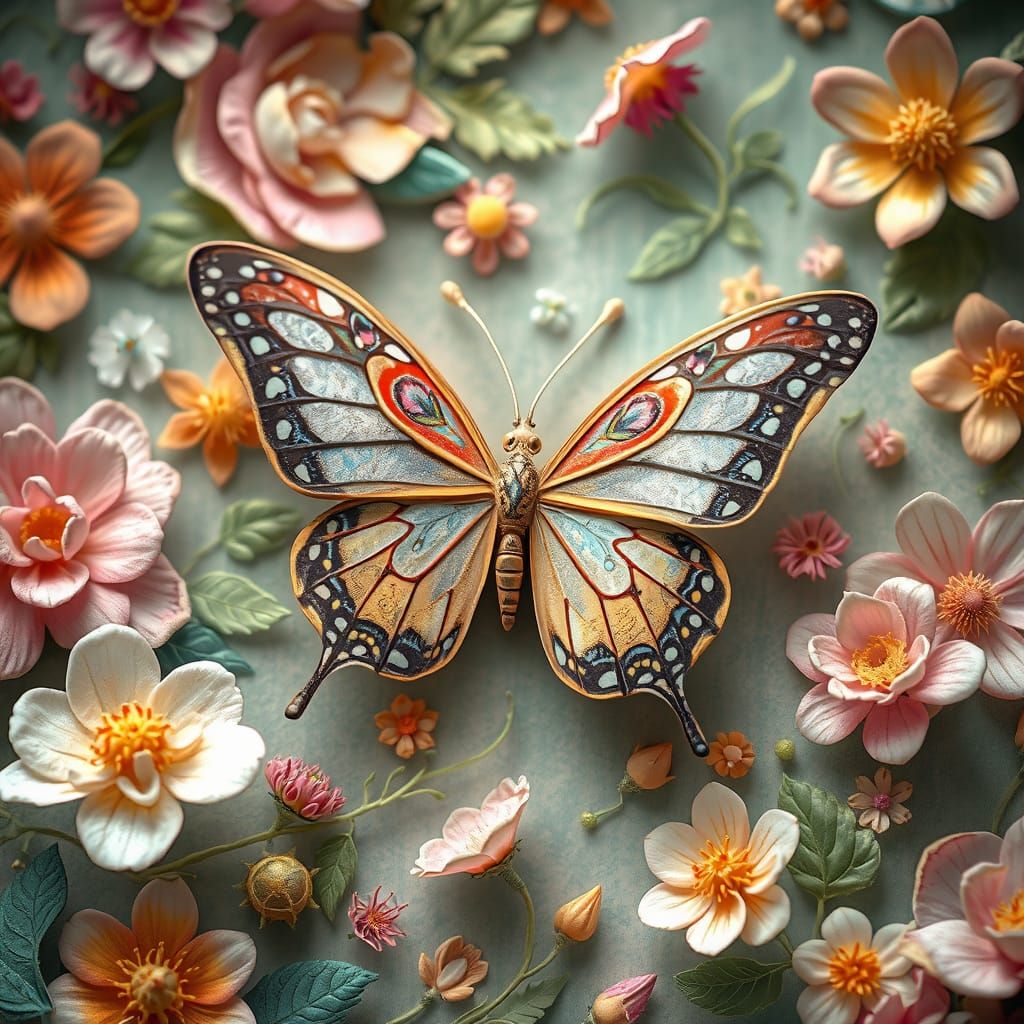 Delicate Butterfly in Fantastical Floral Dreamscape