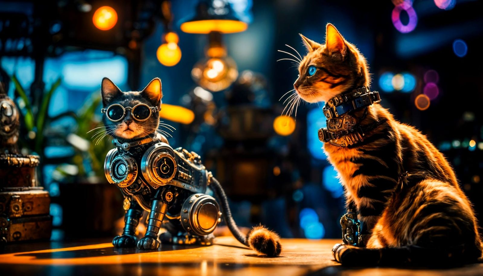 Cyberpunk and Steampunk Cats Playing, Detailed Digital Art