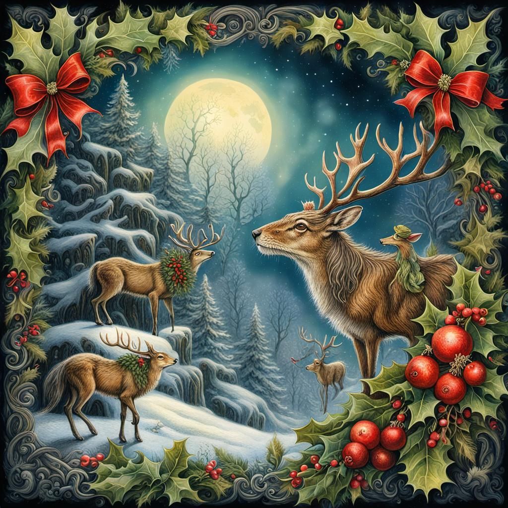 Whimsical Animals' Christmas Celebration in Vintage Style