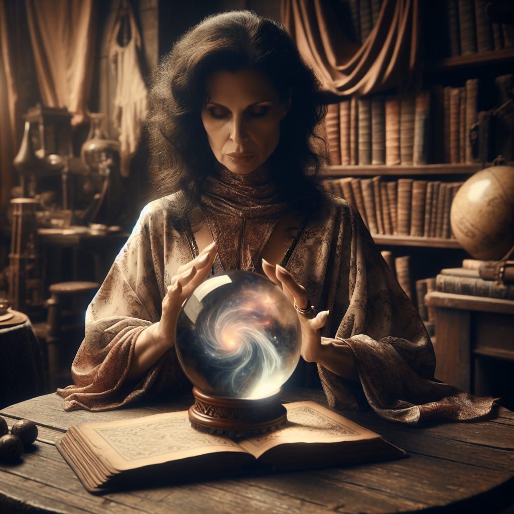 Clairvoyant Hispanic Woman Gazing into Crystal Ball