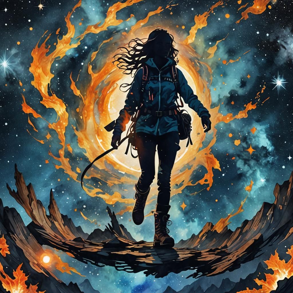 Exploded Digital Watercolor: Girl in Fiery Sun