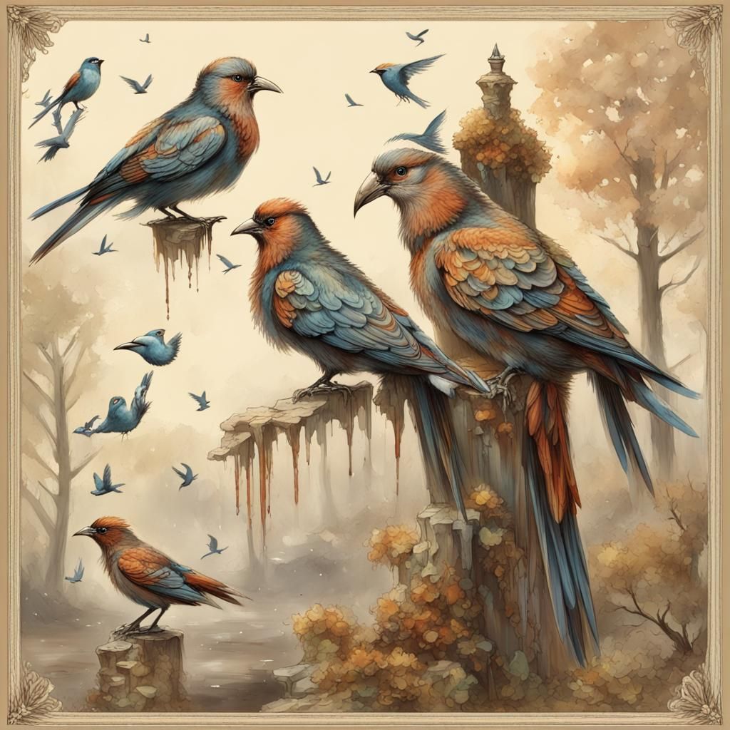 Mystical Fantasy Birds in Tarot Style