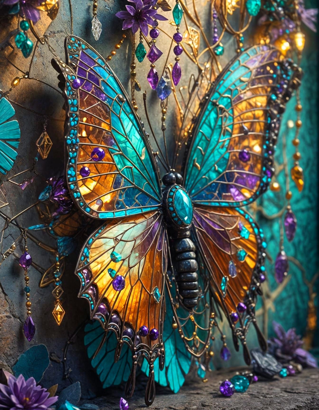 Surreal Butterfly with Turquoise and Amethyst Stones
