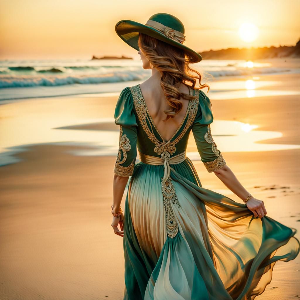 Art Nouveau Woman in Gold Dress on Beach