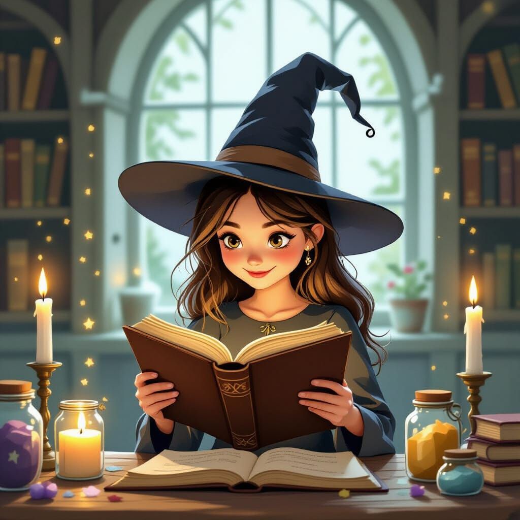 Young Witch Studies Spellbook in Beatrix Potter Style