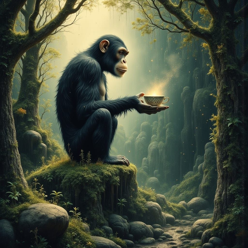 Chimpanzee with Glowing Tea in Mysterious Forest