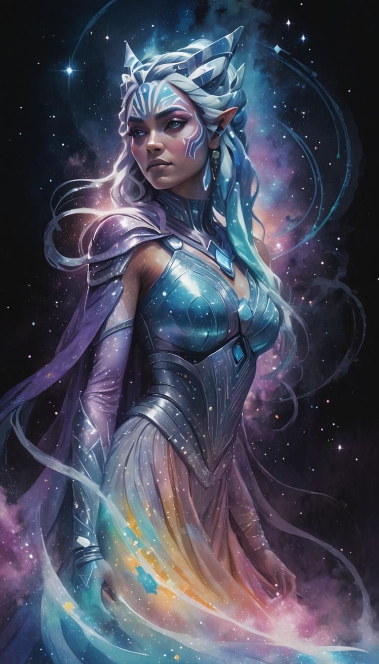 Cosmic Goddess Ahsoka in Flowing Starry Energy Dress